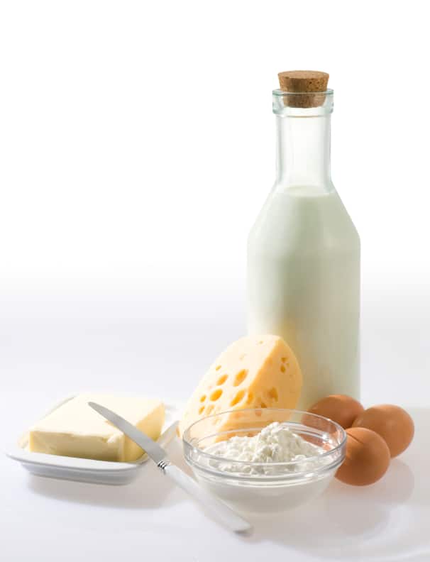 Dairy products and brown eggs.