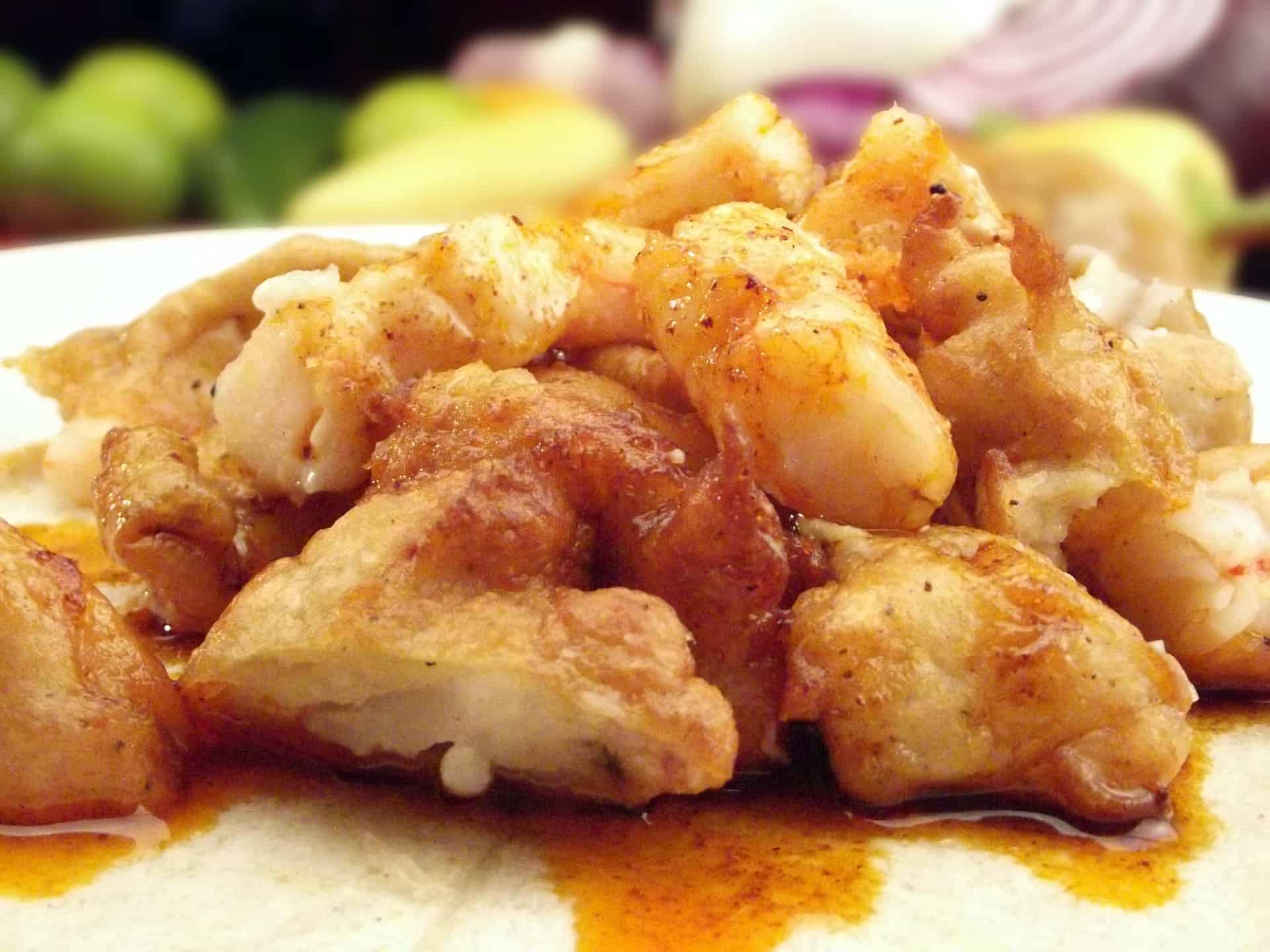 VEGAN Shrimp (Garlic) with Sautéed Peppers + Pineapple